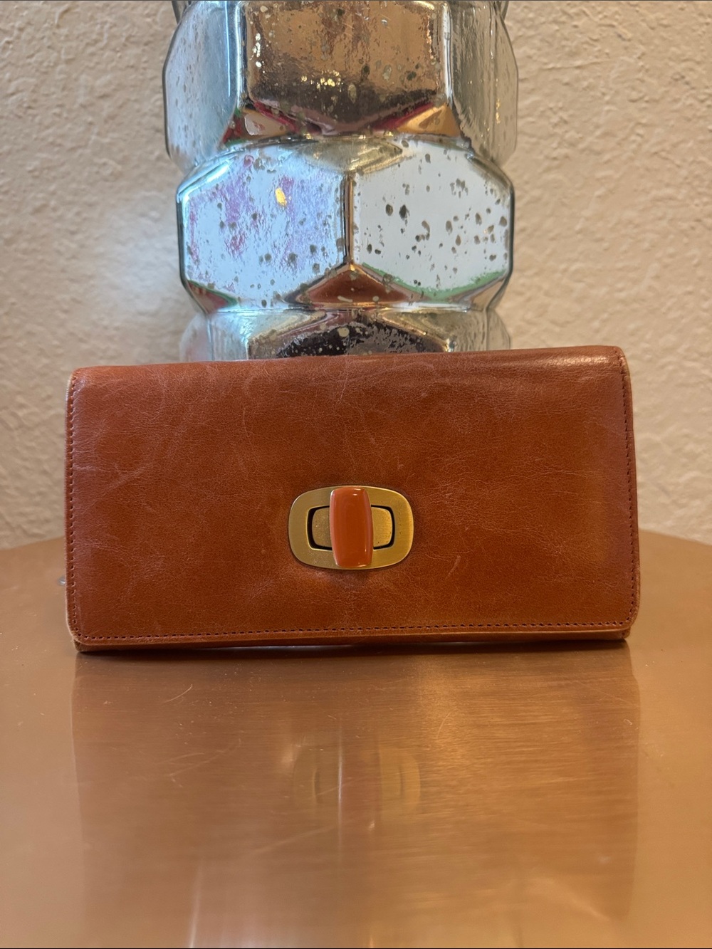 HOBO Orange Leather Twist Lock Wallet